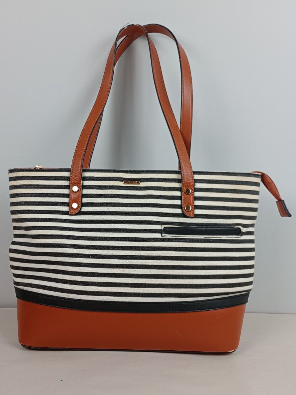 Lovevook Black‎ White Striped Canvas Brown Leather Satin Lining Zipper Handbag